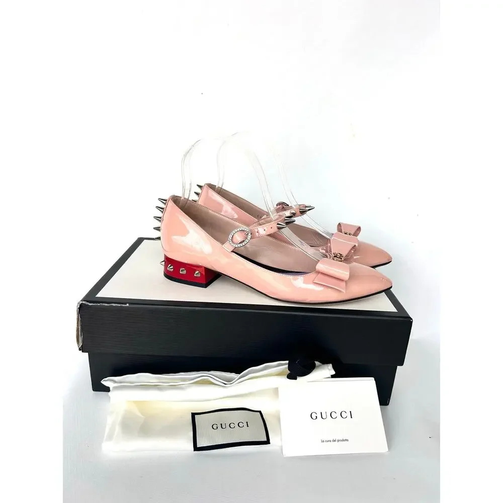 Gucci Vernice Crystal Bow Spike Ballerina Ballet Flats Perfect Pink 36 Sadie 6
